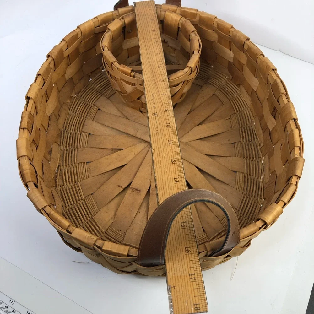 VTG Oval Wood Woven Basket Tray Faux Leather Handles w/ Round Organizer Dividers